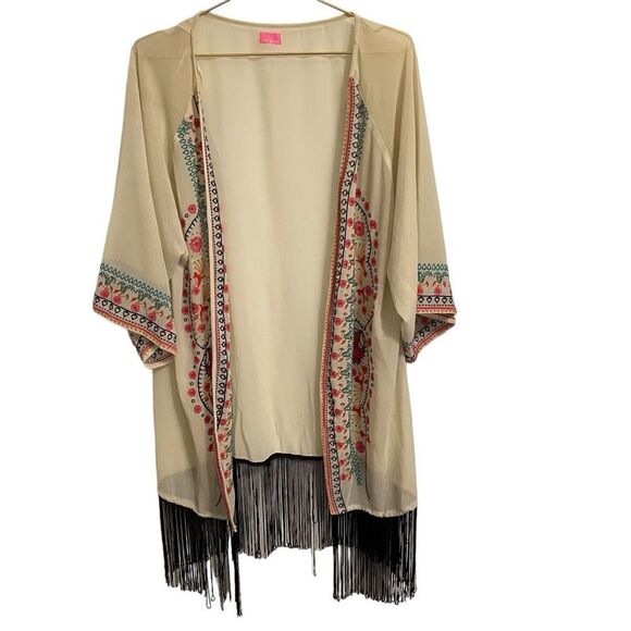 River Island Embroidered Fringe Open Front Kimono Size Large - Picture 1 of 7